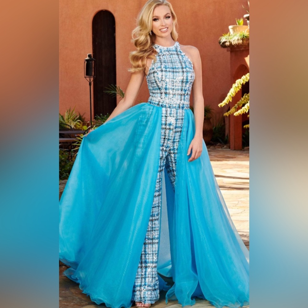 Rachel Allan 50229 -  Sz 4 - Turquoise  Plaid Jumpsuit with Sheer Overlay